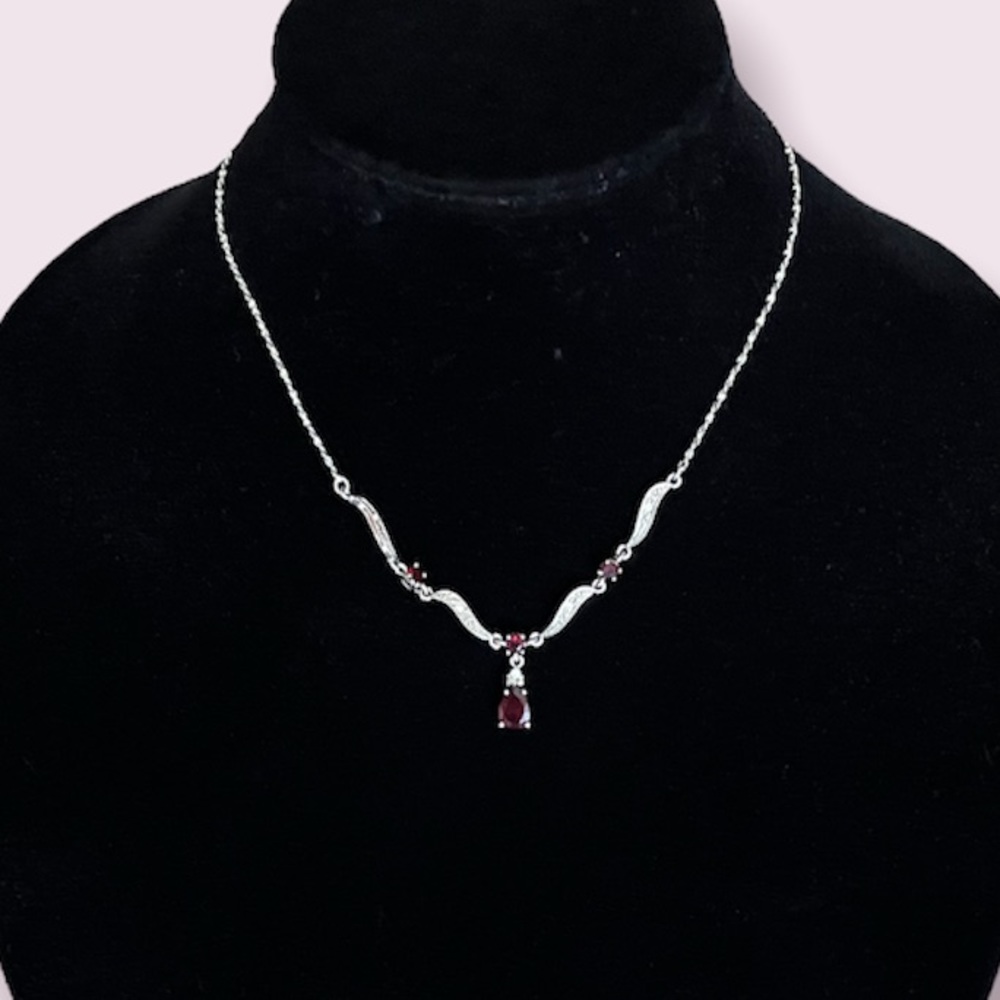 Silver tone red drop necklace